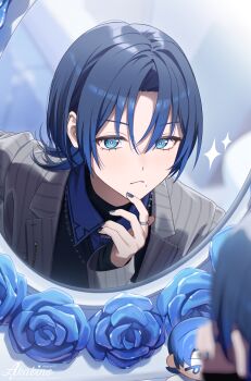 Rule 34 | 1girl, absurdres, akabino, black sweater, blue eyes, blue flower, blue hair, blue nails, blue rose, blue shirt, commentary request, earclip, flower, grey jacket, highres, hiodoshi ao, hiodoshi ao (1st costume), hololive, hololive dev is, jacket, looking at mirror, mirror, mole, mole under mouth, nail polish, pinstripe jacket, pinstripe pattern, reflection, reverse trap, rose, shirt, sparkle, striped clothes, striped jacket, sweater, upper body, vertical-striped clothes, vertical-striped jacket, virtual youtuber, wolf cut