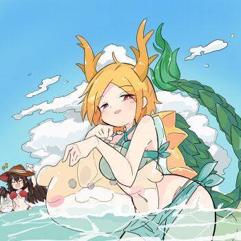 2girls animal_ears ball beachball bikini black_wings blonde_hair blue_sky blush bright_pupils brown_hair closed_eyes cloud commentary_request eastern_dragon_horns eastern_dragon_tail green_bikini hair_between_eyes hat highres holding holding_ball holding_beachball horse_ears kicchou_yachie kurokoma_saki long_hair multiple_girls navel ocean open_mouth parted_bangs ponytail red_bikini red_eyes short_hair sky smile swimsuit tatutaniyuuto thighs touhou turtle_shell wading water white_pupils wings