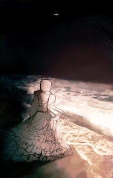 1other beach camera_flash caustics dress flxphlx full_body hashtag-only_commentary highres night ocean other_focus overexposure roblox shore smile solo water white_dress