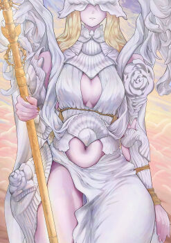 1girl absurdres armor blonde_hair clothing_cutout colored_skin commentary_request covered_eyes cowboy_shot elden_ring elden_ring_nightreign facing_viewer fingernails halter_shirt halterneck helmet helmet_over_eyes highres hip_armor holding holding_polearm holding_weapon legs long_hair navel navel_cutout ornate_armor plunging_neckline polearm sarong solo standing thighs user_cnks3287 weapon weapon_bequeathed_harmonia_(elden_ring) white_sarong wide_hips