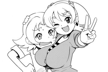 Rule 34 | 1boy, 1girl, amano yuu (digimon), assertive female, blush, breasts, couple, digimon, digimon xros wars, digimon xros wars: toki wo kakeru shounen hunter-tachi, embarrassed, face to breasts, hand on another's head, happy, large breasts, looking at viewer, monochrome, nervous, one eye closed, open mouth, smile, suzaki airu, tamagoroo, v, wink