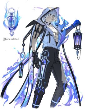 1boy abs arm_at_side artist_name black_gloves black_pants blue_fire blue_hands closed_mouth colored_extremities colored_skin commentary cropped_legs english_commentary feet_out_of_frame fire flins_(genshin_impact) genshin_impact gloves grandaloe hair_between_eyes hand_up highres hood hood_up hooded_jacket instagram_logo instagram_username jacket lamp male_focus objectification pants pectorals personification purple_fire short_hair sleeveless sleeveless_jacket solo standing toned toned_male white_hair white_skin