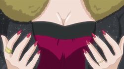 animated anime_screenshot audible_speech black_jacket blue_hair bouncing_breasts breasts cleavage demon_girl dress english_audio fujiko_sendo grabbing_own_breast groping groping_breast hat jacket jewelry kurono_ageha large_breasts low-cut_dress mature_female nail_polish red_dress rosario+vampire rosario+vampire_capu2 shirayuki_tsurara sound tagme video witch witch_hat yuki_onna zooming_in