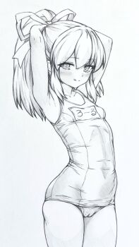 1girl :q armpits cameltoe commentary_request eyelashes graphite_(medium) greyscale high_ponytail highres looking_at_viewer mega_man_(classic) mega_man_(series) monochrome ponytail roll_(mega_man) seishun_dendeke solo standing swimsuit tongue tongue_out traditional_media tying_hair