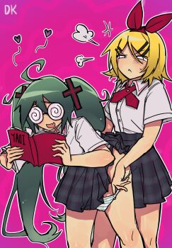 2girls @_@ angry_sex black_skirt blonde_hair bow coke-bottle_glasses confessions_of_a_rotten_girl_(vocaloid) cross_hair_ornament dk666_t doggystyle drooling fang fujoshi glasses hair_ornament hairclip hatsune_miku highres implied_futanari kagamine_rin long_hair mouth_drool multiple_girls open_mouth panties parallel_hairclips pornography red_bow school_uniform sex sex_from_behind shirt short_hair simple_background skin_fang skirt striped_clothes striped_panties twintails underwear vocaloid white_shirt yaoi_(object)