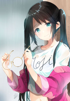 Rule 34 | 1girl, azuma yuki, black hair, breasts, closed mouth, collarbone, crop top, cropped shirt, dot nose, green eyes, holding, holding removed eyewear, idolmaster, idolmaster shiny colors, jacket, long hair, long sleeves, looking at viewer, midriff peek, mitsumine yuika, navel, off shoulder, pink jacket, rain, round eyewear, see-through clothes, see-through shirt, shirt, signature, small breasts, smile, solo, twintails, unworn eyewear, upper body, wet, wet clothes, wet shirt, white shirt, yellow-framed eyewear