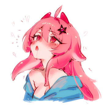 1girl ahoge bare_shoulders blue_hoodie blush breasts commentary drooling english_commentary fang hair_between_eyes hair_intakes hair_ornament heart highres hood hoodie horns indie_virtual_youtuber iomaya_(vtuber) long_hair looking_up mole mole_under_eye nixeu open_mouth pink_eyes pink_hair pink_horns portrait saliva simple_background solo star_(symbol) star_hair_ornament tearing_up tentacle_hair virtual_youtuber white_background