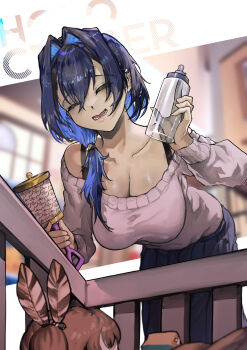 Rule 34 | 2girls, absurdres, aged down, alternate costume, baby, baby bottle, bent over, blue hair, blue skirt, bottle, bra strap, breasts, brown hair, cleavage, closed eyes, collarbone, commentary, cradle, feather hair ornament, feathers, feet out of frame, friend (nanashi mumei), hair between eyes, hair intakes, hair ornament, hair over shoulder, highres, holding, holding bottle, holding rattle, hololive, hololive english, large breasts, long hair, long skirt, long sleeves, low side ponytail, lower teeth only, multiple girls, nanashi mumei, off-shoulder sweater, off shoulder, open mouth, ouro kronii, pink sweater, pleated skirt, rattle, skirt, smile, solo focus, standing, sweater, sweater tucked in, teeth, virtual youtuber, vyragami, wavy mouth