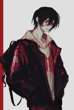 Rule 34 | 1boy, absurdres, alternate universe, backpack, bag, bags under eyes, black bag, black hair, chinese commentary, closed mouth, contemporary, cowboy shot, dao gui yi xian, drawstring, grey background, hair between eyes, hands in pockets, highres, hood, hood down, hoodie, jacket, li huowang, li huowang (modern world), limited palette, long sleeves, looking to the side, male focus, official alternate costume, official alternate hair length, official alternate hairstyle, open clothes, open jacket, pants, red eyes, red jacket, scar, scar on face, shengdi yage, short hair, simple background, smile, solo, standing, two-tone background, white hoodie