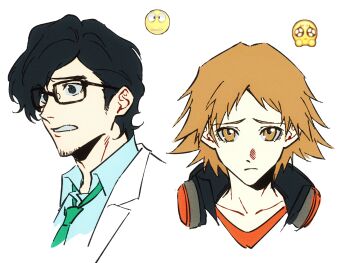 2boys absurdres ako_(eanaaati1) black-framed_eyewear black_hair blonde_hair blue_shirt chinese_commentary closed_mouth collarbone collared_shirt commentary_request cropped_shoulders emoji facial_hair frown goatee_stubble green_necktie hanamura_yousuke headphones headphones_around_neck highres jacket looking_at_viewer male_focus maruki_takuto multiple_boys necktie parted_bangs parted_lips persona persona_4 persona_5 persona_5_the_royal rectangular_eyewear red_shirt shirt stubble swept_bangs white_background white_jacket wing_collar yellow_eyes