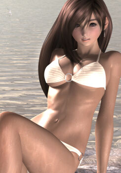 1990s_(style) 1girl 3d bad_id bad_pixiv_id bikini breasts brown_eyes brown_hair cleavage earrings female_focus final_fantasy final_fantasy_vii hinemaru jewelry long_hair o-ring o-ring_bottom o-ring_top retro_artstyle solo swimsuit tifa_lockhart underboob water wet white_bikini