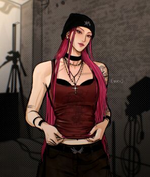 Rule 34 | 1girl, absurdres, arm tattoo, artist name, black choker, camisole, choker, closed mouth, commentary, cowboy shot, earrings, einruji, eyeshadow, glint, hat, highres, indoors, jewelry, kpop demon hunters, long hair, makeup, mira (kpop demon hunters), necklace, pink hair, pink lips, pink nails, solo, tattoo