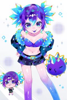 1girl :p bare_legs bare_shoulders belt black_jacket black_shorts blue_belt blue_hair bra breasts chibi chibi_inset cleavage closed_mouth collarbone colored_tips colored_tongue commentary_request creature_and_personification crystal_slime_(slime_rancher) double-parted_bangs double_bun eyebrows_hidden_by_hair eyeshadow feet_out_of_frame fur-trimmed_jacket fur_trim hair_between_eyes hair_bun halftone halftone_background hands_on_own_hips highres jacket jacket_partially_removed leaning_forward long_sleeves makeup multicolored_hair n._(plaw_01) navel open_clothes open_jacket personification petite pink_eyeshadow puffy_long_sleeves puffy_sleeves purple_bra purple_eyes purple_hair purple_tongue short_hair short_shorts shorts sidelocks simple_background sleeves_past_wrists slime_rancher small_breasts smile solo sparkle standing stomach strapless strapless_bra tareme tongue tongue_out two-tone_hair underwear white_background