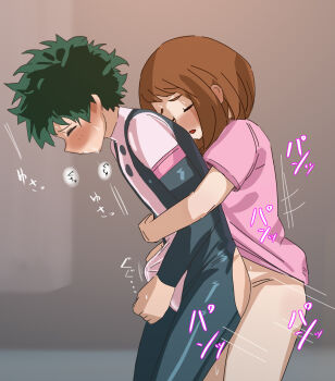 Rule 34 | 1boy, 1futa, anal, ass cutout, blush, bodysuit, boku no hero academia, bottomless, brown hair, bulge, closed eyes, clothed sex, clothing cutout, crossdressing, embarrassed, erection, erection under clothes, freckles, futa with male, futanari, green hair, hetero, hug, hug from behind, implied futanari, implied sex, male penetrated, messy hair, midoriya izuku, motion lines, open mouth, pink shirt, raitaroo, sex, sex from behind, shirt, short hair, sound effects, speed lines, standing, standing sex, sweat, uraraka ochako