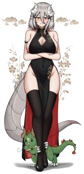 1girl absurdres black_dress black_shoes black_thighhighs blush breasts china_dress chinese_clothes cleavage cleavage_cutout clothing_cutout commentary crossed_arms curled_horns double-parted_bangs dragon dragon_girl dragon_horns dragon_tail dress english_commentary full_body grey_hair groin hair_between_eyes highres horns large_breasts long_hair_between_eyes looking_at_viewer mole mole_on_breast original parted_lips pelvic_curtain shoes sleeveless sleeveless_dress solo straight-on tail thighhighs thighs white_background yellow_eyes yuka_(yukaraishin) yukaraishin