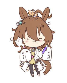 1girl absurdres agnes_tachyon_(tach-nology)_(umamusume) agnes_tachyon_(umamusume) ahoge animal animal_ears animal_on_head black_necktie black_pantyhose blush_stickers brown_hair chemical_structure chibi chibi_only coat commentary cork earrings english_commentary giving_up_the_ghost guinea_pig hair_between_eyes highres holding holding_test_tube horse_ears horse_girl horse_tail jewelry lab_coat long_sleeves medium_hair necktie on_head pantyhose shirt short_necktie simple_background single_earring sleeves_past_fingers sleeves_past_wrists smile solid_circle_eyes sweater sweater_vest tail test_tube ukichan22905846 umamusume white_background white_coat wolf_cut yellow_sweater yellow_sweater_vest