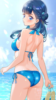 Rule 34 | 1girl, :o, aqua bikini, aqua hair, ass, back, bikini, blue eyes, blue hair, blush, breasts, commentary request, hair bun, highres, holding, holding sandals, horizon, hugtto! precure, kakikakilemon, looking at viewer, looking to the side, median furrow, medium breasts, multicolored hair, outdoors, precure, sandals, shoulder blades, side-tie bikini bottom, sideboob, single side bun, solo, sunlight, swimsuit, two-tone hair, unworn sandals, yakushiji saaya
