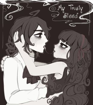 1boy 1girl bags_under_eyes bow breasts brown_background brown_bow brown_eyes brown_gloves brown_hair clothed_male_nude_female collared_shirt english_text eye_contact father_and_daughter gloves hairband hand_on_another's_head hetero incest kiss long_hair looking_at_another nokota_(roseary) nude open_mouth original red_hairband roseary ryder_(roseary) saliva saliva_trail shirt small_breasts sweat tongue wavy_hair white_shirt