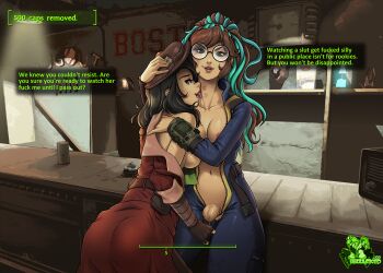 1futa 1girl artist_self-insert black_hair breasts brown_eyes brown_hair english_text fake_screenshot fallout fallout_4 fingerless_gloves futa_with_female futanari glasses gloves hizzacked hizzy_(hizzacked) jumpsuit large_breasts licking lipstick_mark long_hair medium_breasts multicolored_hair nipples open_clothes original penis piper_wright scarf short_hair sole_survivor_(female) two-tone_hair undressing vault_jumpsuit_(fallout_4) vault_suit