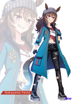 1girl absurdres animal_ears beanie black_gloves black_pants blue_coat blush brown_hair character_name coat commentary_request denim dice dice_necklace dice_pendant ears_through_headwear fingerless_gloves gloves grey_hat grin hair_between_eyes hat highres horse_ears horse_girl horse_tail jacket jeans jewelry konsu_(konsu1182da) long_hair long_sleeves looking_at_viewer midriff nakayama_festa_(shichuukyuukatsu)_(umamusume) nakayama_festa_(umamusume) navel necklace open_mouth pants purple_eyes red_shirt shirt shoes simple_background smile striped_clothes striped_shirt tail teeth torn_clothes torn_jeans torn_pants torn_shirt umamusume white_background zoom_layer