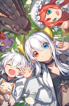 3girls absurdres character_request dragon dragon_girl dragon_horns gem_on_head heterochromia highres holding_hands horns ideal_(p&amp;d) kuuron_(moesann17) multiple_girls on_grass puzzle_&amp;_dragons red_hair white_hair
