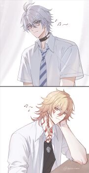 2boys alternate_costume antenna_hair black_choker black_shirt blonde_hair blue_eyes blue_necktie braid chain chain_necklace chest_tattoo chinese_commentary choker chrysos_heirs_school_uniform collared_shirt commentary_request earphones facial_tattoo gradient_hair highres honkai:_star_rail honkai_(series) jewelry male_focus medium_hair miao-koo multicolored_hair multiple_boys mydei_(honkai:_star_rail) necklace necktie parted_bangs phainon_(honkai:_star_rail) red_hair red_tattoo school_uniform shared_earphones shirt short_hair short_sleeves side_braid sleeves_rolled_up striped_clothes striped_necktie tattoo white_hair white_shirt yellow_eyes