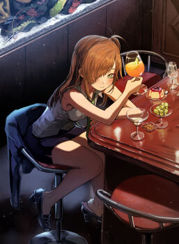 1girl absurdres alcohol asymmetrical_bangs bandaid bandaid_on_foot bar_(place) bar_stool black_shoes black_skirt blush breasts brown_hair closed_mouth cocktail_glass collared_shirt commentary_request cup drinking_glass drunk eudetenis eyes_visible_through_hair fish_tank food full_body glass green_eyes grey_shirt hair_over_one_eye high_heels highres holding holding_cup indoors jacket long_bangs looking_at_viewer medium_breasts miniskirt office_lady on_stool one_eye_closed one_side_up original pencil_skirt shirt shoes skirt sleeveless sleeveless_shirt smile solo stool unworn_jacket wing_collar