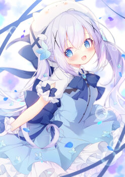 1girl :d back_bow blue_bow blue_bowtie blue_dress blue_eyes blue_hair blush bow bowtie commentary_request cowboy_shot dress frilled_dress frills fukaya_rin gochuumon_wa_usagi_desu_ka? hair_ornament highres kafuu_chino long_hair open_mouth short_sleeves sleeve_bow smile solo tippy_(gochiusa) x_hair_ornament