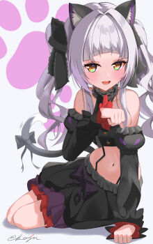 1girl absurdres animal_ear_fluff animal_ears black_shirt black_skirt blush bow breasts cat_ears cat_tail commentary_request fang grey_hair highres hololive kaju_paint looking_at_viewer murasaki_shion murasaki_shion_(gothic_lolita) navel official_alternate_costume open_mouth paw_pose paw_print paw_print_background shirt skin_fang skirt small_breasts solo tail tail_bow tail_ornament virtual_youtuber yellow_eyes
