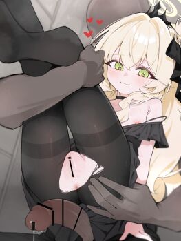 1boy 1girl absurdres alternate_costume anus bar_censor black_dress black_pantyhose blonde_hair blue_archive censored commentary_request dark-skinned_male dark_skin dress fluffy_hair green_eyes halo heart heart-shaped_pupils hetero highres holding_another's_leg ka_keo legs_up lifting_person long_hair nipple_slip nipples paid_reward_available pantyhose penis professor_niyaniya_(blue_archive) pussy side_ahoge smile strap_slip sweat symbol-shaped_pupils torn_clothes torn_pantyhose yellow_halo