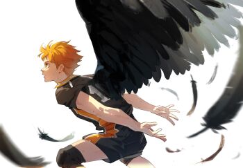 1boy black_wings commentary english_commentary from_side haikyuu!! highres hinata_shouyou karasuno_volleyball_uniform knee_pads male_focus meofthoois orange_eyes orange_hair short_hair shorts simple_background solo sportswear sweat volleyball_uniform white_background wings