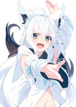 Rule 34 | 1girl, ahoge, animal ear fluff, animal ears, arm up, blue neckerchief, blush, braid, detached sleeves, earrings, fox ears, fox girl, fox tail, green eyes, hair between eyes, highres, hololive, hood, hoodie, jewelry, long hair, looking at viewer, midriff, nagishiro mito, navel, neckerchief, open mouth, outstretched arms, pentagram, shirakami fubuki, shirakami fubuki (1st costume), sidelocks, simple background, single braid, smile, solo, tail, virtual youtuber, white background, white hair, white hoodie