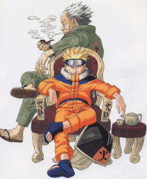 Rule 34 | 2boys, blonde hair, blue boots, boots, chair, closed eyes, forehead protector, green jacket, green pants, grey hair, hat, highres, jacket, kishimoto masashi, konohagakure symbol, looking at viewer, multiple boys, naruto (classic), naruto (series), official art, open-toe boots, orange jacket, orange pants, pants, sandals, sarutobi hiruzen, short hair, simple background, sitting, teapot, unworn hat, unworn headwear, uzumaki naruto, white background