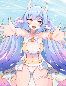 1girl :d animal_ears bare_shoulders bell belt blue_bow blue_hair blush bow bracelet breasts bright_pupils catura_(granblue_fantasy) choker cleavage collarbone cow_ears cow_girl ear_piercing granblue_fantasy hair_ornament hairclip half-closed_eyes head_tilt horns incoming_hug jewelry kearperry large_breasts long_hair looking_at_viewer loose_belt multicolored_hair one-piece_swimsuit open_mouth outstretched_arms outstretched_hand piercing pink_hair reaching reaching_towards_viewer ring sandals shoes short_eyebrows sitting smile solo sparkle swimsuit thigh_strap tongue twintails very_long_hair wariza white_choker white_horns white_pupils white_shoes yellow_eyes