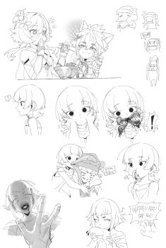 ! +_+ 2boys 2girls ? absurdres anger_vein animal_ears beanie blood blood_on_face bow cannibalism choker chopsticks constricted_pupils dog_ears eating exposed_bone extra_teeth fingerless_gloves flower genshin_impact gloves gorou_(genshin_impact) greyscale guro hair_flower hair_ornament hands_on_another&#039;s_cheeks hands_on_another&#039;s_face hat highres holding holding_chopsticks lumine_(genshin_impact) monochrome monster_girl multiple_boys multiple_girls no_pupils nori_(seaweed) original sake_goroke severed_arm severed_finger severed_limb sharp_teeth single_fingerless_glove sketch spoken_exclamation_mark spoken_question_mark teeth tentacle_tongue