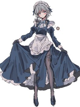 Rule 34 | 1girl, amatukimahoro, apron, black bow, black gloves, black shoes, blue bow, blue bowtie, blue dress, blue eyes, blush, bow, bowtie, braid, brown pantyhose, closed mouth, commentary request, dress, full body, gloves, grey hair, hair bow, highres, izayoi sakuya, juliet sleeves, long hair, long sleeves, looking at viewer, maid, maid headdress, pantyhose, pinafore dress, pocket watch, puffy sleeves, shoes, side slit, sketch, skirt hold, sleeveless, sleeveless dress, solo, thigh strap, touhou, twin braids, waist apron, watch, white apron