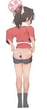 Rule 34 | 1girl, absurdres, anal, anal object insertion, ass, bike shorts, black hair, blue archive, boots, clothes pull, commentary, dark-skinned female, dark skin, halo, highres, japanese clothes, looking at viewer, looking back, object insertion, ponytail, rickshaw student (blue archive), s10021, shorts, shorts pull, simple background, solo, standing, tan, tanline, towel, towel around neck, white background, yellow eyes