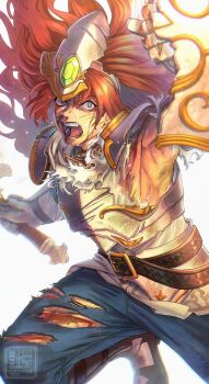 Rule 34 | 1boy, armor, belt, belt buckle, blood, blood from mouth, blood on face, blue eyes, blue pants, boots, breastplate, broken armor, broken shield, brown belt, buckle, commentary request, cowboy shot, duran (seiken densetsu 3), fighting stance, furrowed brow, gem, gloves, gold trim, green gem, helmet, highres, holding, holding shield, holding sword, holding weapon, injury, long hair, male focus, nosebleed, official alternate costume, open mouth, paladin, pants, plate armor, red hair, seiken densetsu, seiken densetsu 3, shield, shouting, solo, sweat, sword, taruneko2006, torn clothes, torn gloves, torn pants, weapon, white background, white gloves, white helmet