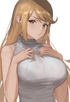 1girl bare_shoulders blonde_hair blush breasts highres j@ck large_breasts long_hair looking_at_viewer matching_hair/eyes mythra_(xenoblade) shirt sidelocks sleeveless sleeveless_shirt solo swept_bangs turtleneck white_shirt xenoblade_chronicles_(series) xenoblade_chronicles_2 yellow_eyes