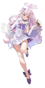 1girl :d absurdres alternate_costume angel_wings bare_legs bishoujo_senshi_sailor_moon black_choker blue_archive blush bow bowtie breasts broom choker circlet clip_studio_paint_(medium) commentary_request cosplay covered_navel crescent crescent_choker crescent_ornament cross cross_brooch ddungddang elbow_gloves feathered_wings fluffy_hair footwear_bow full_body gem gloves gold_circlet greek_cross grin hair_bun halo hands_up head_tilt heart-shaped_gem heart_wand highres holding holding_wand knees korean_commentary large_breasts left-handed leg_up legs leotard long_hair low_wings magical_girl middle_part mika_(blue_archive) multicolored_eyes open_mouth parted_bangs parted_hair pink_gemstone pink_hair pink_halo pleated_skirt purple_bow purple_bowtie purple_eyes purple_shoes sailor_collar sailor_senshi_uniform shoes side_ahoge side_up_bun simple_background single_side_bun skirt skirt_set sleeveless smile solo standing standing_on_one_leg two-tone_eyes variant_set very_long_hair wand white_background white_gloves white_leotard white_sailor_collar white_skirt white_wings wing_ornament wings yellow_eyes