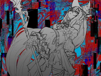 Rule 34 | 1girl, abstract background, arknights, bare shoulders, belt, bow, dress, glitch, gloves, greyscale with colored background, hair ornament, hair stick, hat, highres, holding, holding staff, long sleeves, melting, mooswig, off-shoulder dress, off shoulder, skadi (arknights), skadi the corrupting heart (arknights), solo, staff, watch, wristwatch