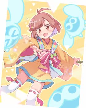 1girl 1other absurdres ahoge atari_(puyopuyo) blunt_bangs blush brown_hair commentary_request floral_print highres holding japanese_clothes jazz_grace kimono long_sleeves looking_at_viewer non-humanoid_robot obi official_alternate_costume open_mouth puubot_(puyopuyo) puyopuyo puyopuyo_quest red_eyes ribbon robot sash short_hair sweatdrop thighhighs wide_sleeves