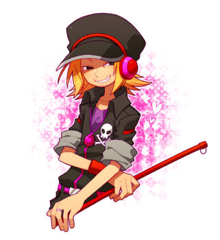 1boy alternate_color belt bemani black_eyes black_hat black_jumpsuit blonde_hair collarbone cropped_legs facial_hair fingernails goatee_stubble grin hat headphones heart holding holding_mop janitor jewelry jumpsuit kiri_futoshi male_focus mop mr._kk mustache_stubble pink_belt player_2 pop'n_music purple_shirt ring shirt skull_and_crossbones sleeves_rolled_up smile solo stubble white_background