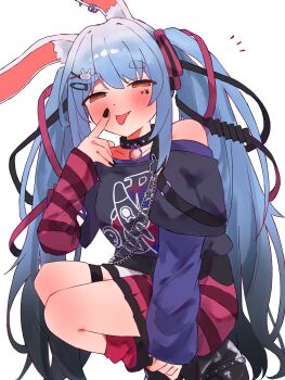 1girl absurdres animal_ears black_collar black_nails black_shirt black_shoes blue_hair collar commentary hair_ornament highres hololive long_hair looking_at_viewer nail_polish official_alternate_costume orange_eyes rabbit_ears rabbit_girl red_skirt shirt shoes skirt smile solo spiked_collar spikes symbol-only_commentary tepenchi tongue tongue_out twintails usada_pekora usada_pekora_(punk_angel) very_long_hair virtual_youtuber x_hair_ornament