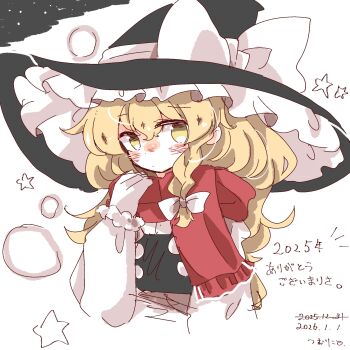 1girl black_hat blonde_hair blush bow braid braided_sidelock commentary_request dated hat hat_bow highres kirisame_marisa long_hair looking_at_viewer red_scarf scarf sketch solo touhou translation_request tsumurikoto upper_body white_bow witch_hat yellow_eyes