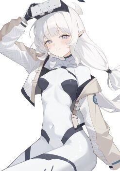 1girl absurdres adjusting_goggles blue_archive blush bodysuit breasts brown_jacket commentary_request covered_navel cowboy_shot gmi_(jimmyovob) halo head-mounted_display highres himari_(armed)_(blue_archive) himari_(blue_archive) invisible_chair jacket long_hair looking_at_viewer low_twintails mole mole_under_eye official_alternate_costume pointy_ears purple_eyes single_off_shoulder sitting small_breasts solo twintails white_background white_bodysuit white_hair