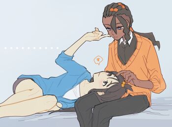 1boy 1girl akib_a861 black_hair black_pants commentary_request dark-skinned_male dark_skin grey_background hand_on_another&#039;s_face lap_pillow lida_(pokemon) long_hair looking_at_another lying naveen_(pokemon) nintendo pants pokemon pokemon_legends:_z-a purple_eyes sitting smile