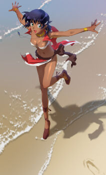 1girl bandeau bracelet breasts commentary_request dark-skinned_female dark_skin earrings full_body fushigi_no_umi_no_nadia green_eyes hair_ornament hairclip highres jewelry looking_at_viewer nadeara_bukichi nadia_la_arwall navel neck_ring necklace open_mouth purple_hair short_hair smile solo strapless tube_top vest water