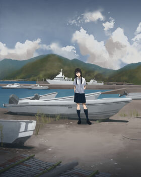 Rule 34 | 1girl, arms behind back, beach, black eyes, black hair, blurry, boat, bridge, cloud, commentary, day, depth of field, female focus, grass, head tilt, hill, kneehighs, long hair, looking at viewer, original, scenery, school uniform, shiira, shirt, sky, smile, socks, solo, summer, untucked shirt, water, watercraft