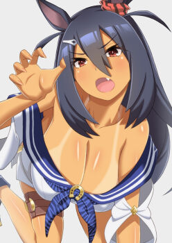 1girl animal_ears bare_shoulders black_hair blue_sailor_collar blush breasts claw_pose cleavage closed_mouth commentary_request dark-skinned_female dark_skin dress ear_scrunchie fang hair_between_eyes hair_ornament hairclip highres hishi_amazon_(azure_amazon)_(umamusume) hishi_amazon_(umamusume) horse_ears horse_girl large_breasts long_hair looking_at_viewer norizou official_alternate_costume open_mouth red_eyes red_scrunchie sailor_collar scrunchie shirt solo striped_clothes striped_scrunchie tan tanline thigh_strap two-tone_bandeau umamusume very_long_hair white_dress